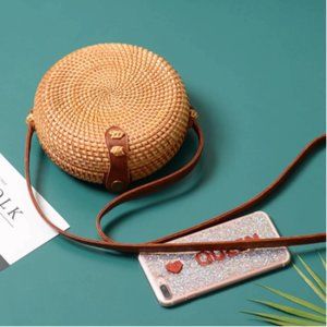 Round Woven Crossbody Bag with Brown Leather Strap